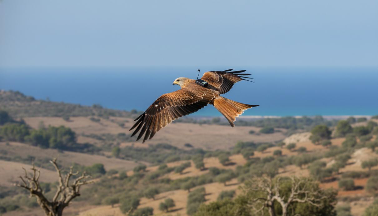 На Балеарских островах спасли редких коршунов: выпуск птиц после лечения Красный коршун с раздвоенным хвостом парит в небе над холмистой местностью Балеарских островов.