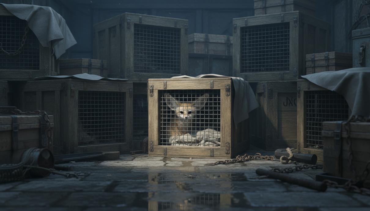 Торговля дикими животными: риск передачи патогенов человеку вырос на 50% Деревянные ящики с сетчатыми дверцами, в которых заперты дикие животные в темном помещении.