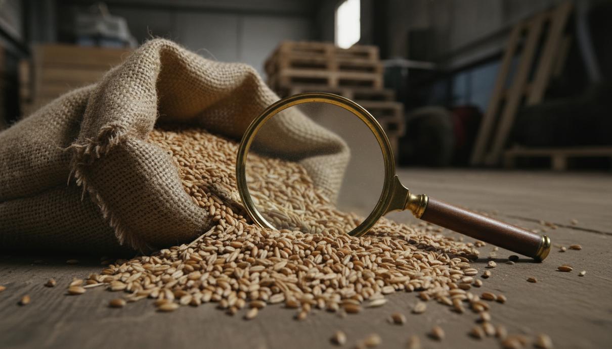 Судебная энтомология: как насекомые в продукции влияют на экологию и право Мешок с рассыпанным зерном и профессиональная металлическая лупа на складе