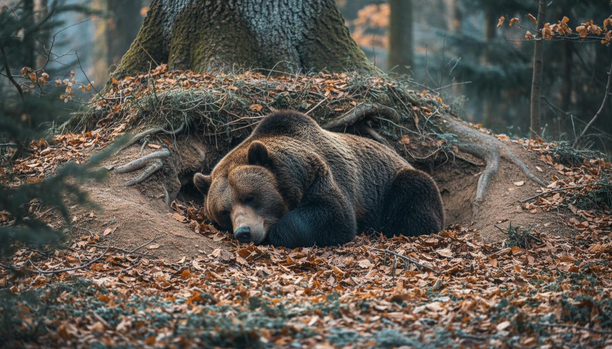Восстановление биоритмов: как спасенные медведи возвращаются к спячке Бурый медведь спит в берлоге из земли и сухих листьев в заснеженном лесу.