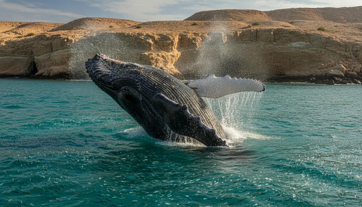 Оседлые горбатые киты Аравийского моря оказались на грани исчезновения Горбатый кит выныривает из воды в Аравийском море на фоне скалистого пустынного побережья Омана.