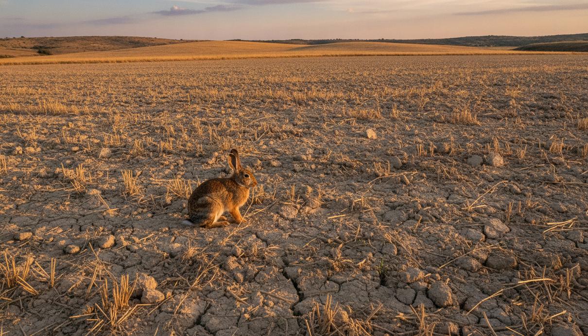 WWF требует отменить план по отстрелу диких кроликов в Испании Дикий кролик сидит на краю вспаханного поля в засушливой сельской местности Испании.