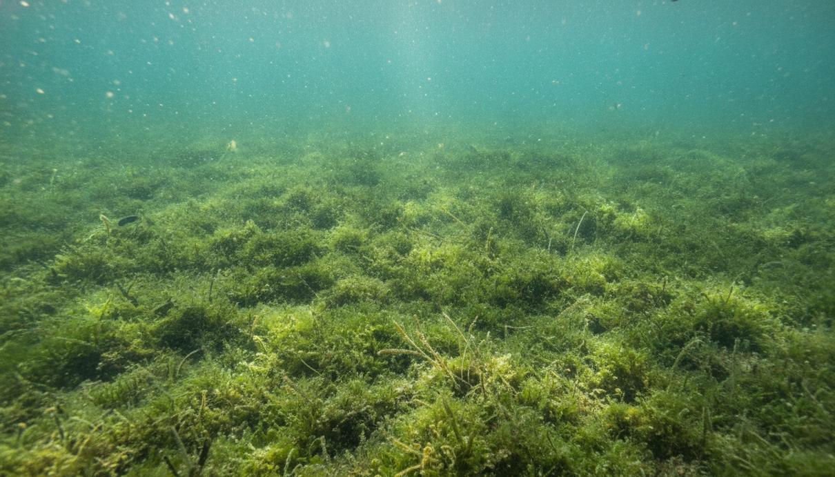 Чужеродные виды угрожают морским экосистемам на юге Испании Подводный пейзаж: инвазивные водоросли покрывают морское дно, вытесняя луга морской травы посидонии на побережье Средиземного моря.