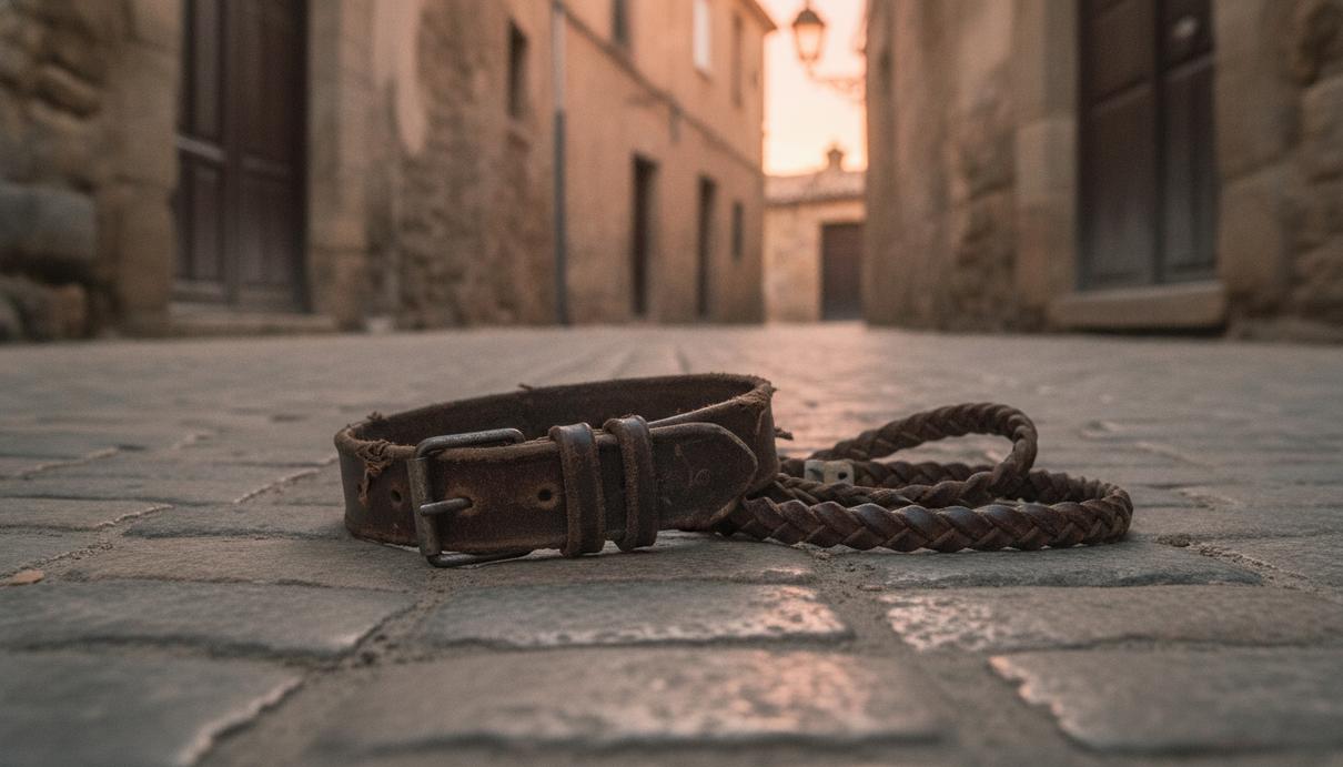 В Испании унифицировали правила для полиции по защите животных Старый кожаный ошейник и поводок, брошенные на мощеной улице испанского города в сумерках.