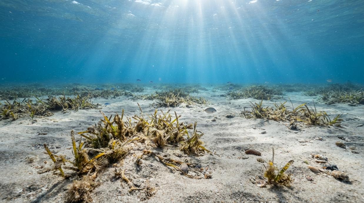 Потепление Средиземноморья губит морские луга даже без экстремальной жары Подводные луга морской травы посидонии на песчаном дне Средиземного моря, освещённые пробивающимися сквозь воду солнечными лучами.