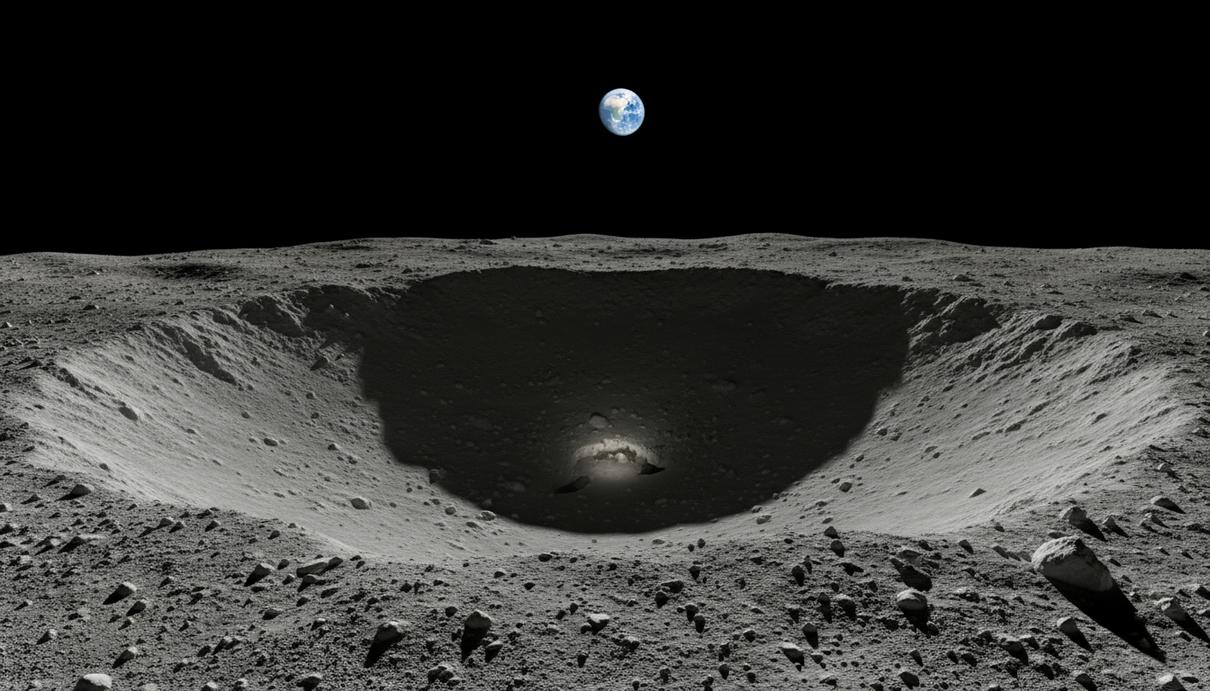 NASA: земные микробы могут выжить на южном полюсе Луны Ландшафт южного полюса Луны с глубоким кратером, отбрасывающим длинные тени. Детализированная поверхность лунного грунта.