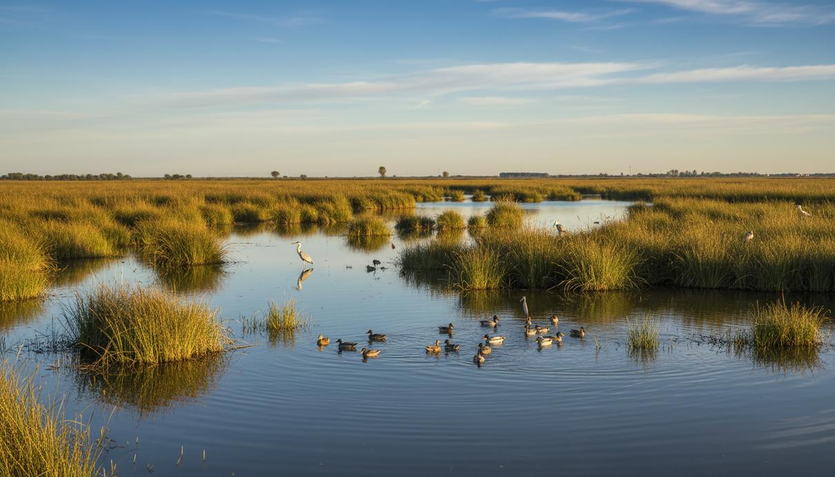 В нацпарке Испании зафиксировали рекордное размножение водных птиц Водно-болотные угодья национального парка «Таблас-де-Даймьель» в Испании. Спокойная вода, заросли камыша и водные птицы на рассвете.