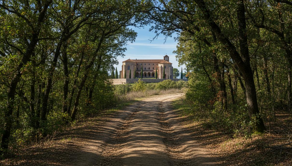 Сеть отелей Paradores в Испании интегрируют с природными маршрутами Пешеходная тропа в лесу Испании, ведущая к старинному каменному отелю-монастырю Parador на холме.